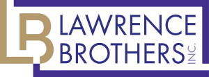 This is the logo for Lawrence Brothers Inc. It features the colors purple and tan. LB in tan, to the left, wraps into a purple rectangle border that features the full name of the business.