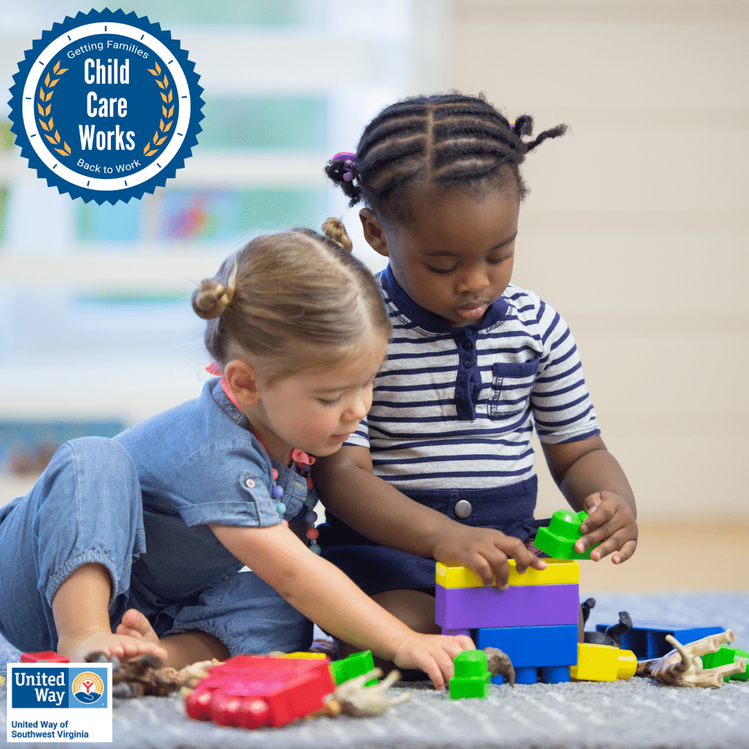 This is a photo of two children playing with toys in partnership with United Way of Southwest Virginia.